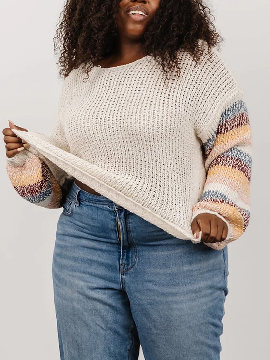 Crew Neck Ribbed Knit Sweater White Striped Plus Size Patchwork