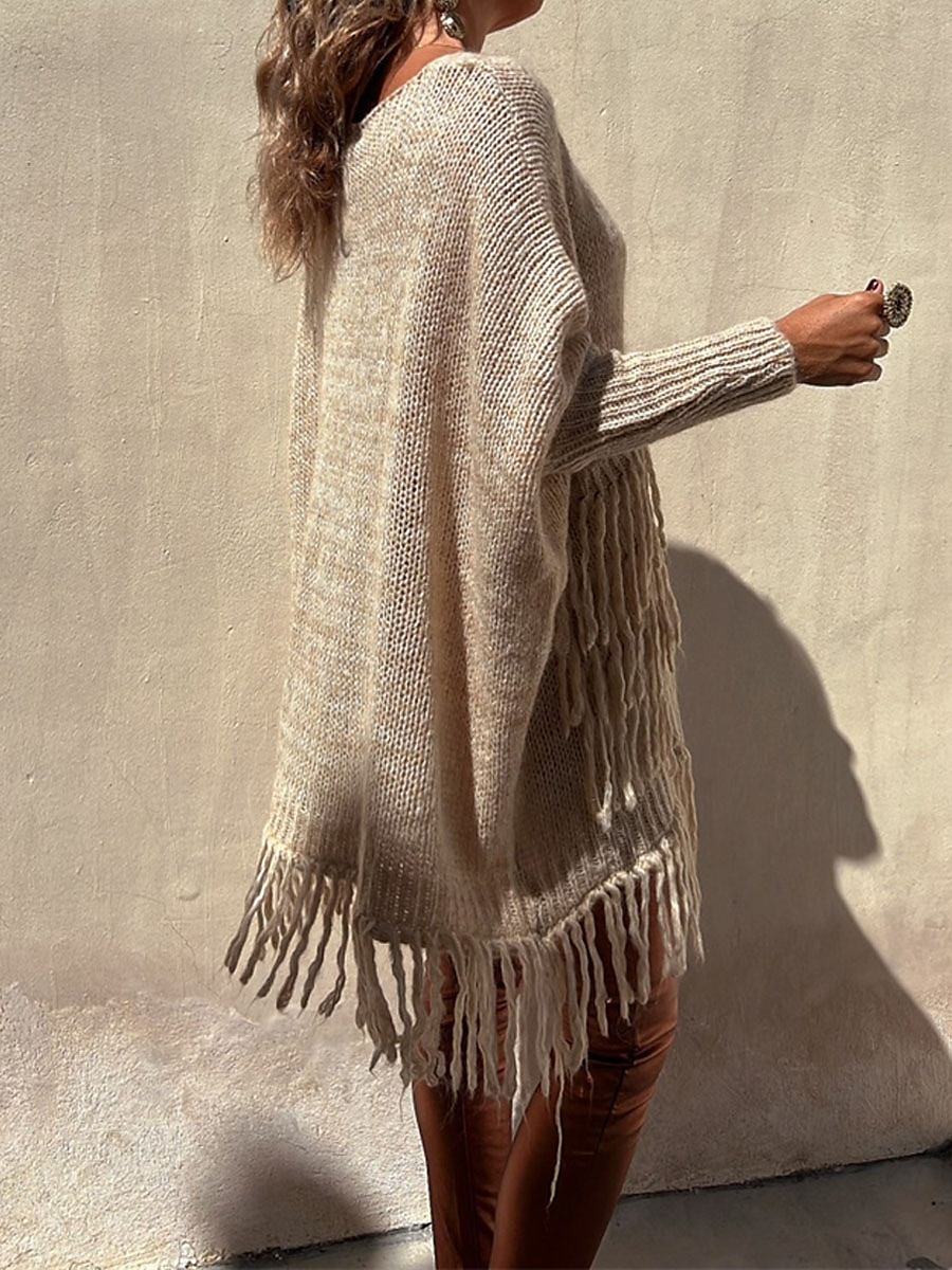 Crew Neck Tassel Pocket Ribbed Knit Sweater Camel & Green Casual