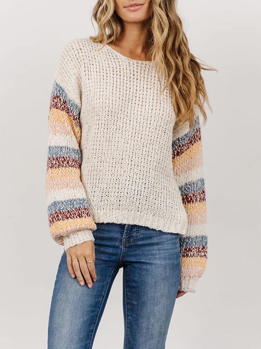 Crew Neck Ribbed Knit Sweater White Striped Plus Size Patchwork