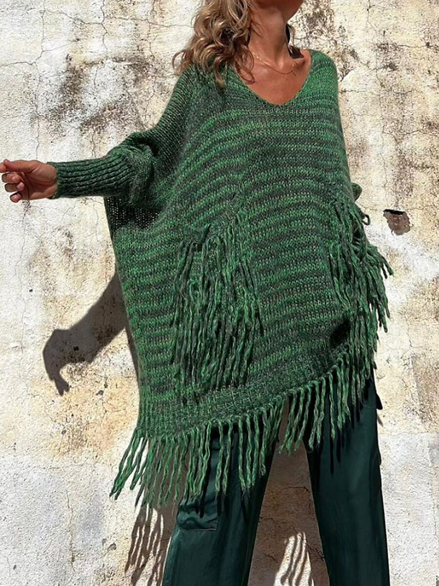 Crew Neck Tassel Pocket Ribbed Knit Sweater Camel & Green Casual