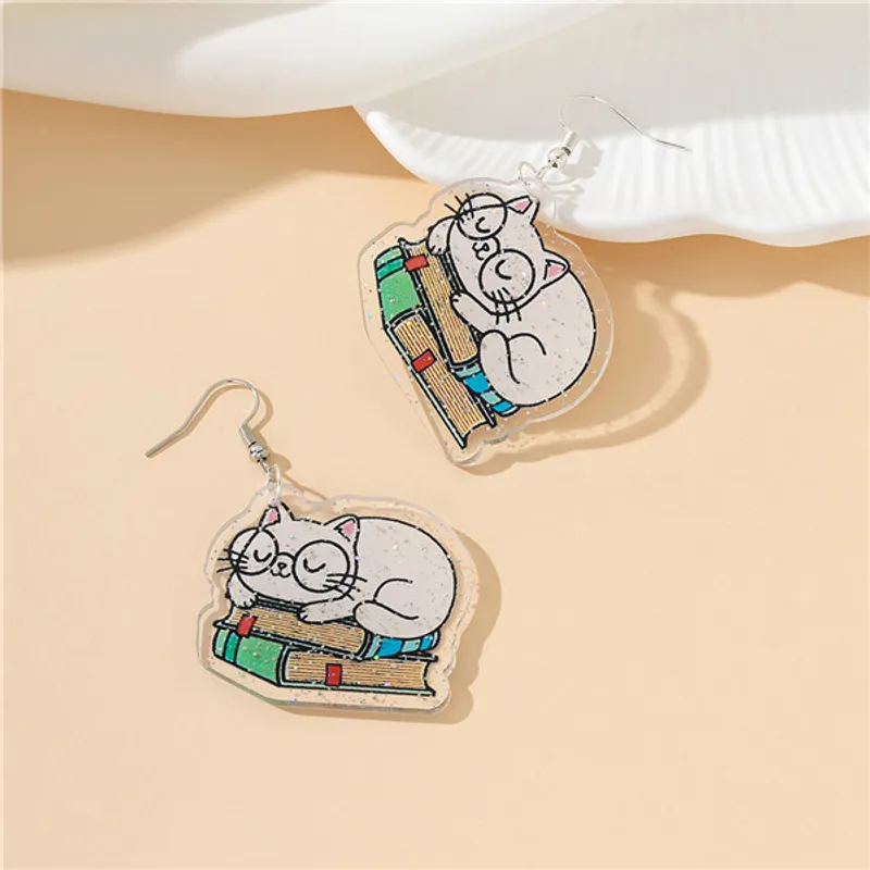 Cartoon Book Cat Acrylic Drop Earrings