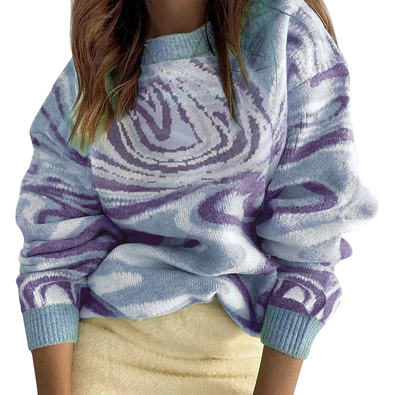 Crew Neck Crochet Knit Sweater Purple & Green Abstract Casual Top