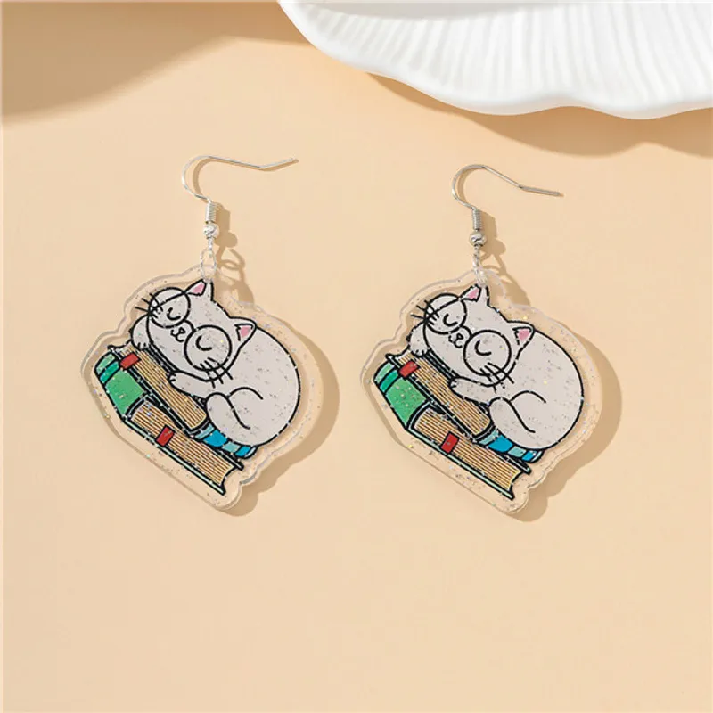 Cartoon Book Cat Acrylic Drop Earrings