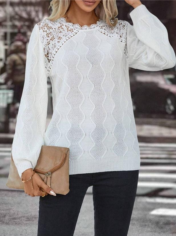 Crew Neck Waffle Knit Sweater Elegant Lace Design in White