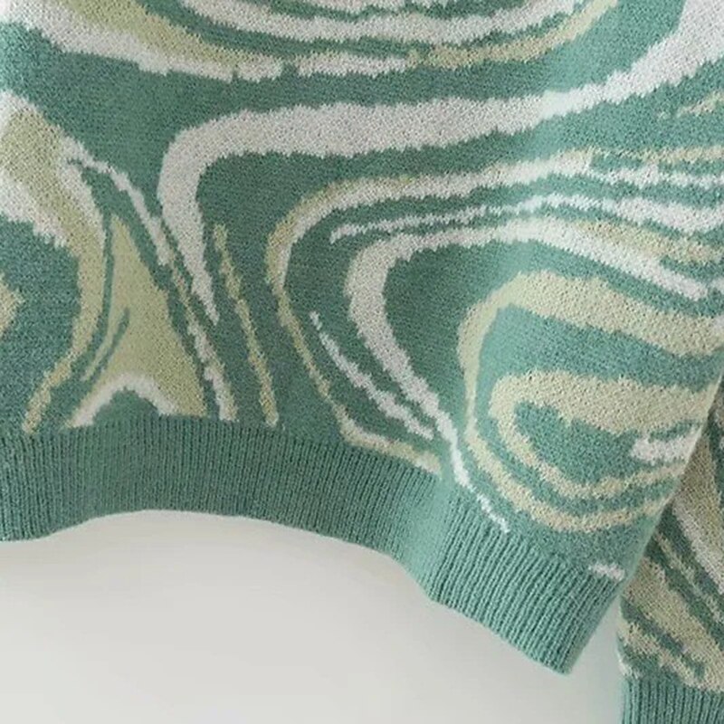 Crew Neck Crochet Knit Sweater Purple & Green Abstract Casual Top