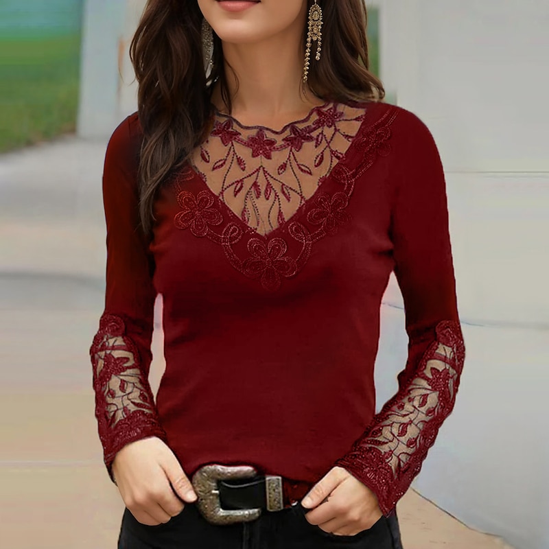 Burgundy Mesh Lace Patchwork Top