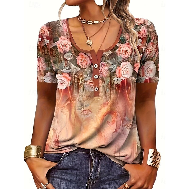 Ombre Floral Button Short Sleeve Tee