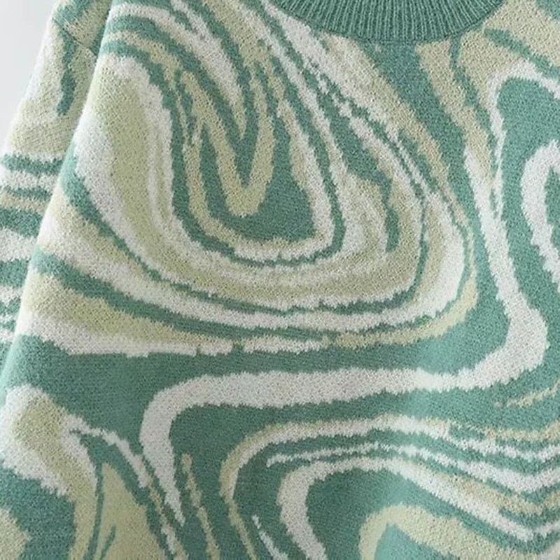 Crew Neck Crochet Knit Sweater Purple & Green Abstract Casual Top