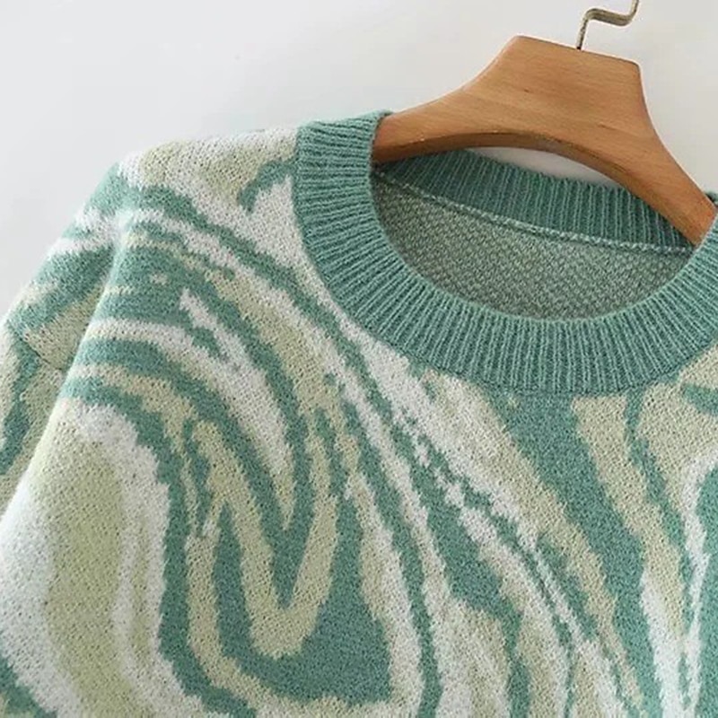 Crew Neck Crochet Knit Sweater Purple & Green Abstract Casual Top