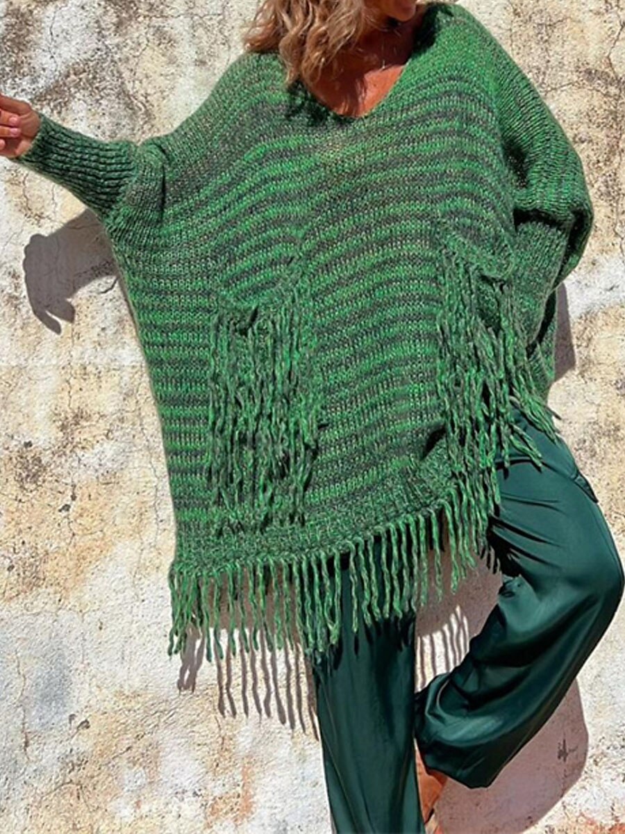 Crew Neck Tassel Pocket Ribbed Knit Sweater Camel & Green Casual