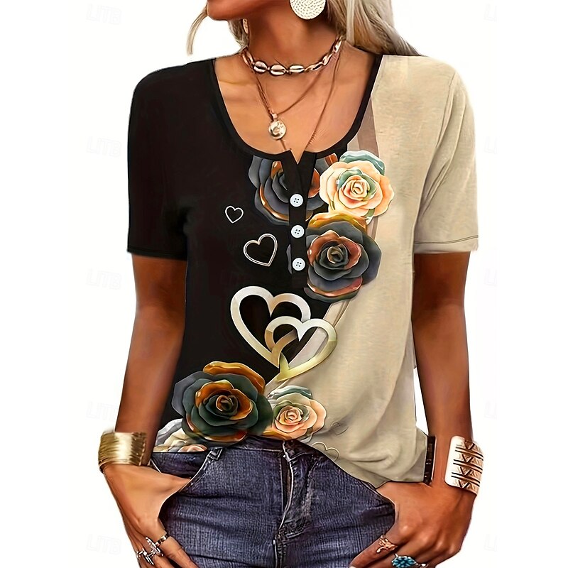 Ombre Floral Button Short Sleeve Tee