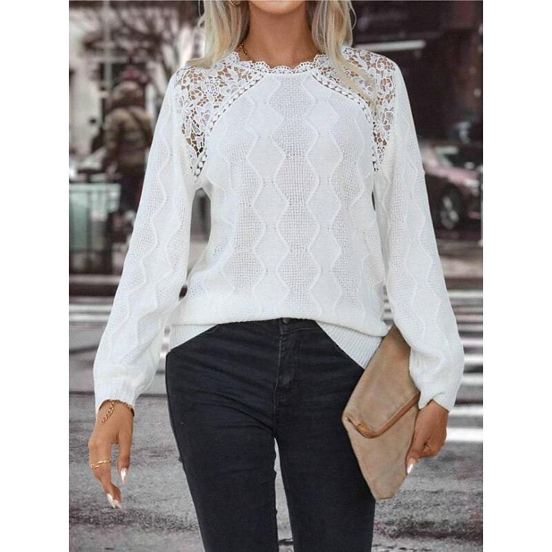 Crew Neck Waffle Knit Sweater Elegant Lace Design in White